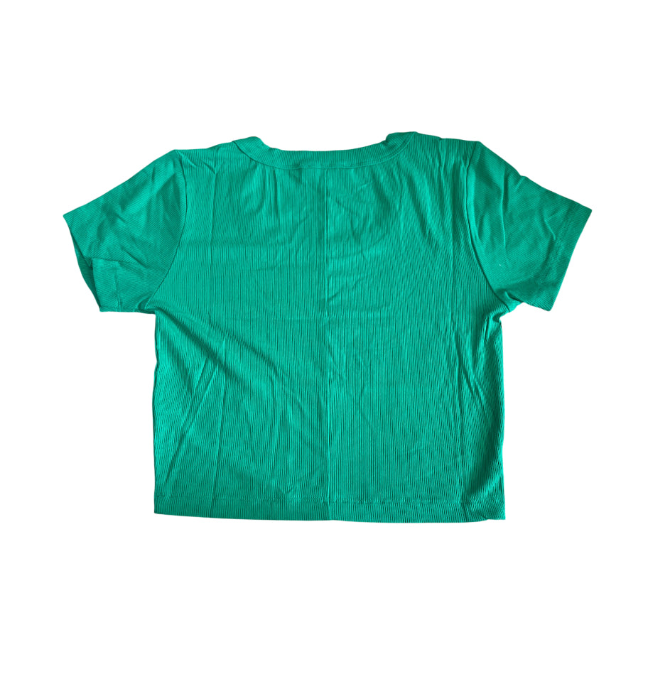 Zenana Green Ribbed Seamless Short Sleeve Crop Top.(Medium)