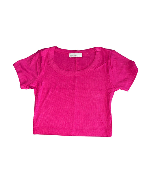 Zenana Hot Pink Ribbed Seamless Short Sleeve Crop Top (Medium)