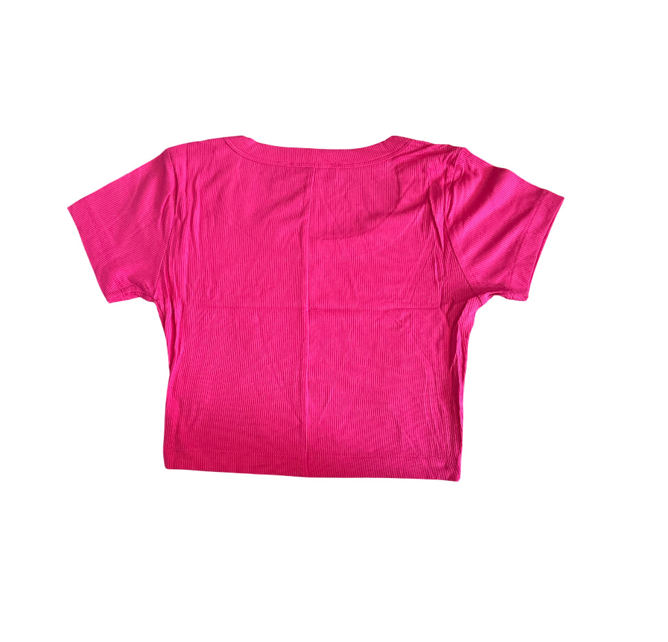 Zenana Hot Pink Ribbed Seamless Short Sleeve Crop Top (Small)