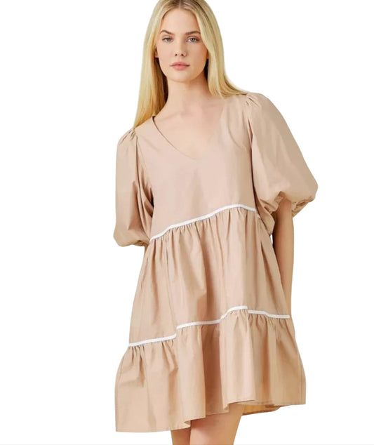 Baevely Sweet On You Taupe Mini Dress with Piping (Large)