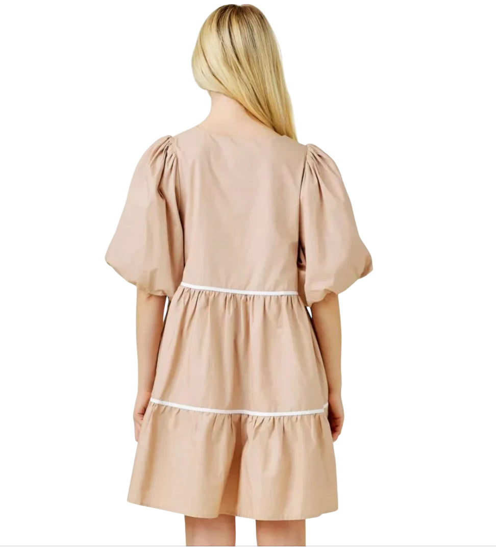 Baevely Sweet On You Taupe Mini Dress with Piping (Large)