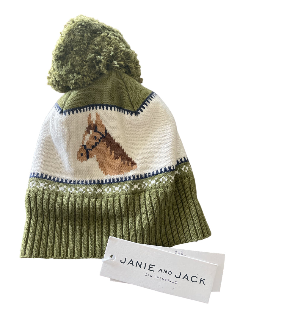 Janie and Jack Baby Horse Pom Beanie in green.(0-3 months)