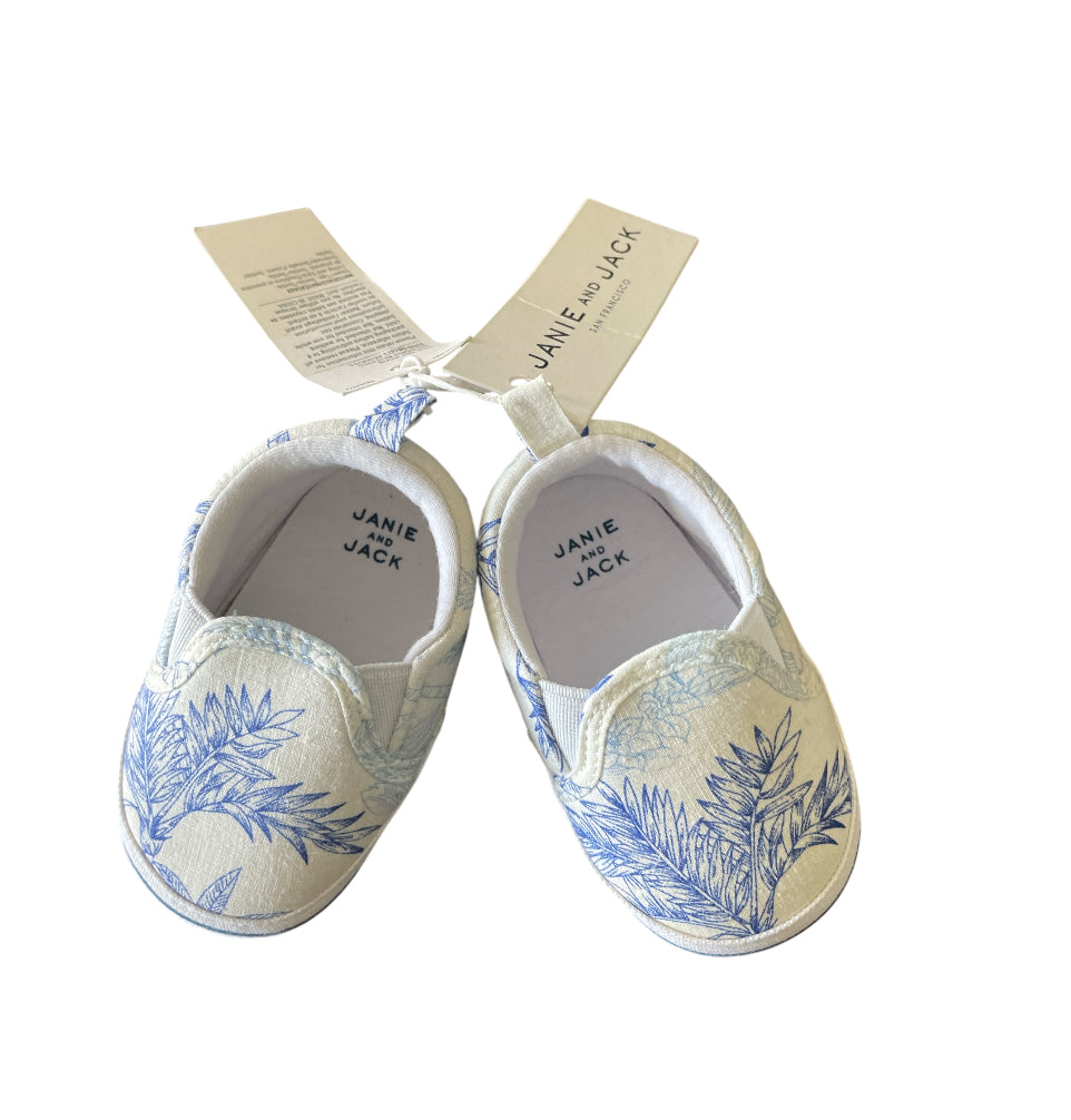 Janie and Jack blue botanical print on a white canvas slip-on shoe (0-3 months)