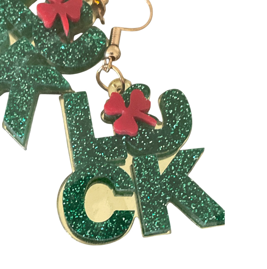 Green Glitter 'Luck' Earrings with Red Clover