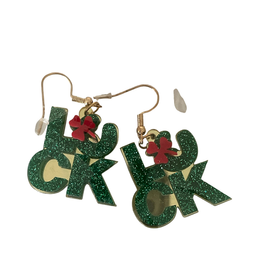 Green Glitter 'Luck' Earrings with Red Clover