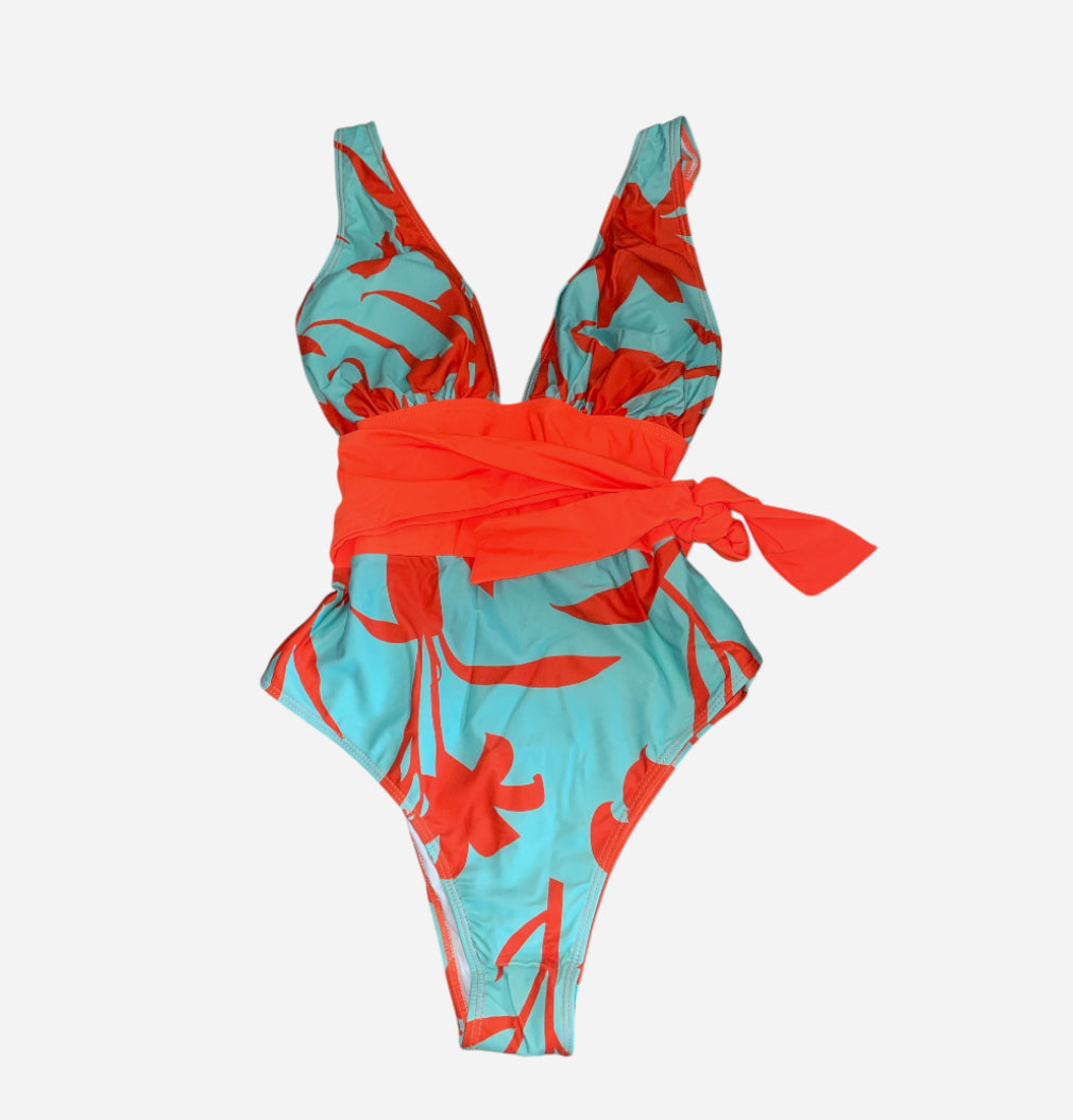 And The Why Tropical Floral Print in Coral/Orange and Turquoise Swimsuit (Small)