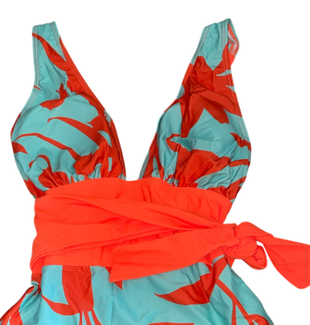 And The Why Tropical Floral Print in Coral/Orange and Turquoise Swimsuit (medium)
