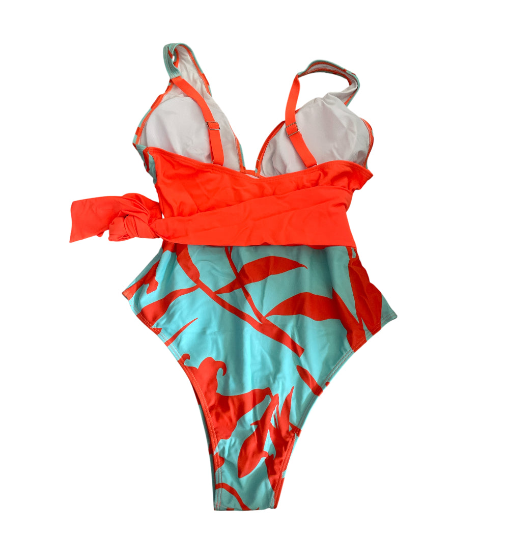 And The Why Tropical Floral Print in Coral/Orange and Turquoise Swimsuit (Small)