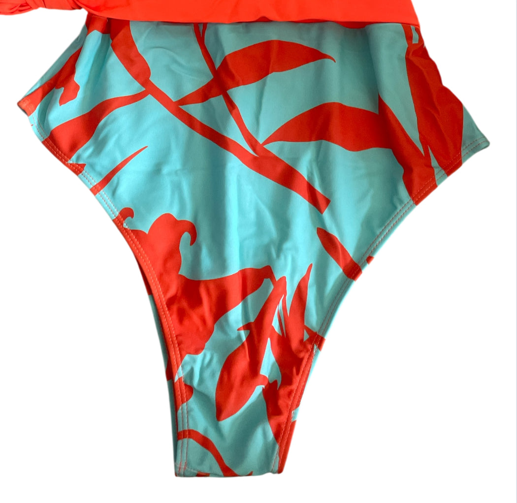 And The Why Tropical Floral Print in Coral/Orange and Turquoise Swimsuit (Small)