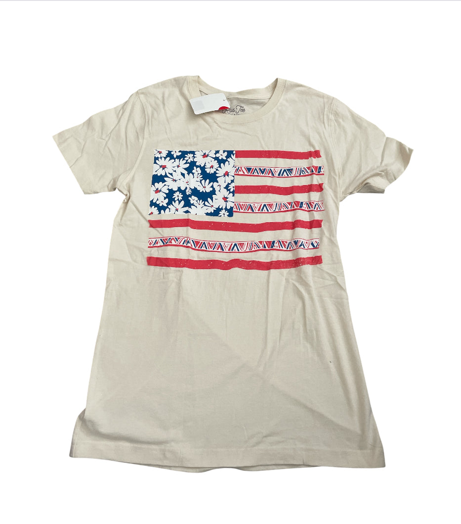 Rustee American flag reimagined with daisies and decorative stripes T-shirt (Small)