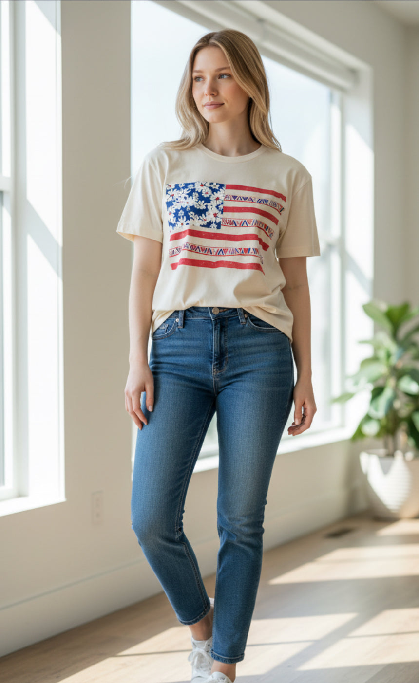 Rustee American flag reimagined with daisies and decorative stripes T-shirt (Small)