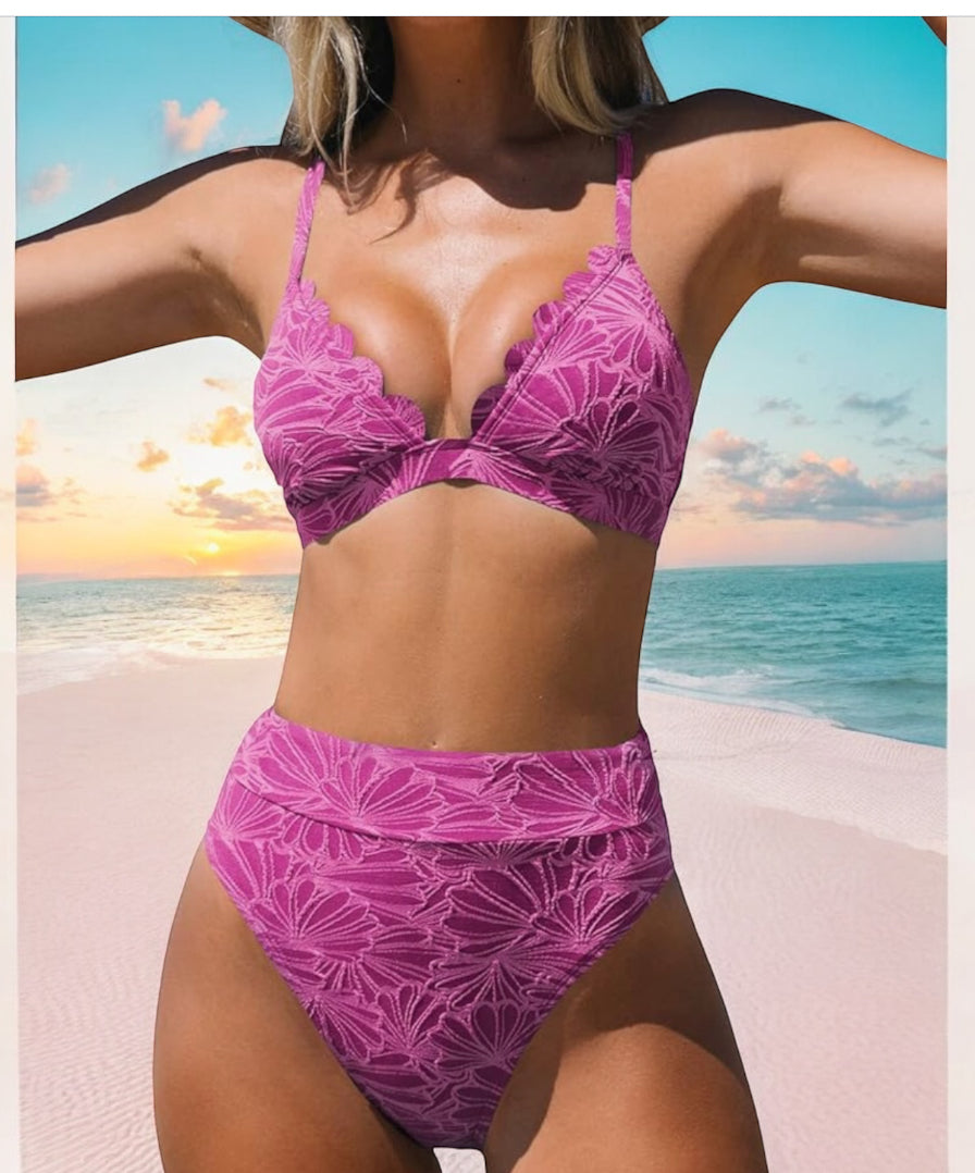 CUPSHE High Waisted Scalloped V Neck Two Piece Swimsuit (X-Large)