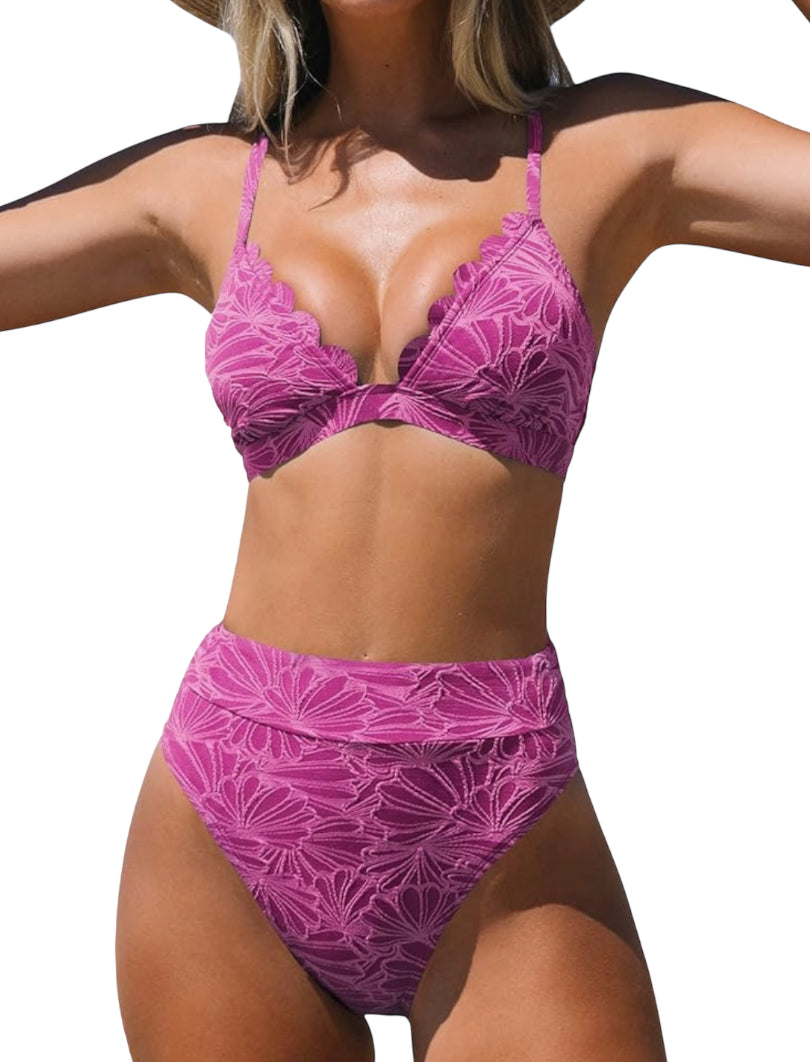 CUPSHE High Waisted Scalloped V Neck Two Piece Swimsuit (X-Large)