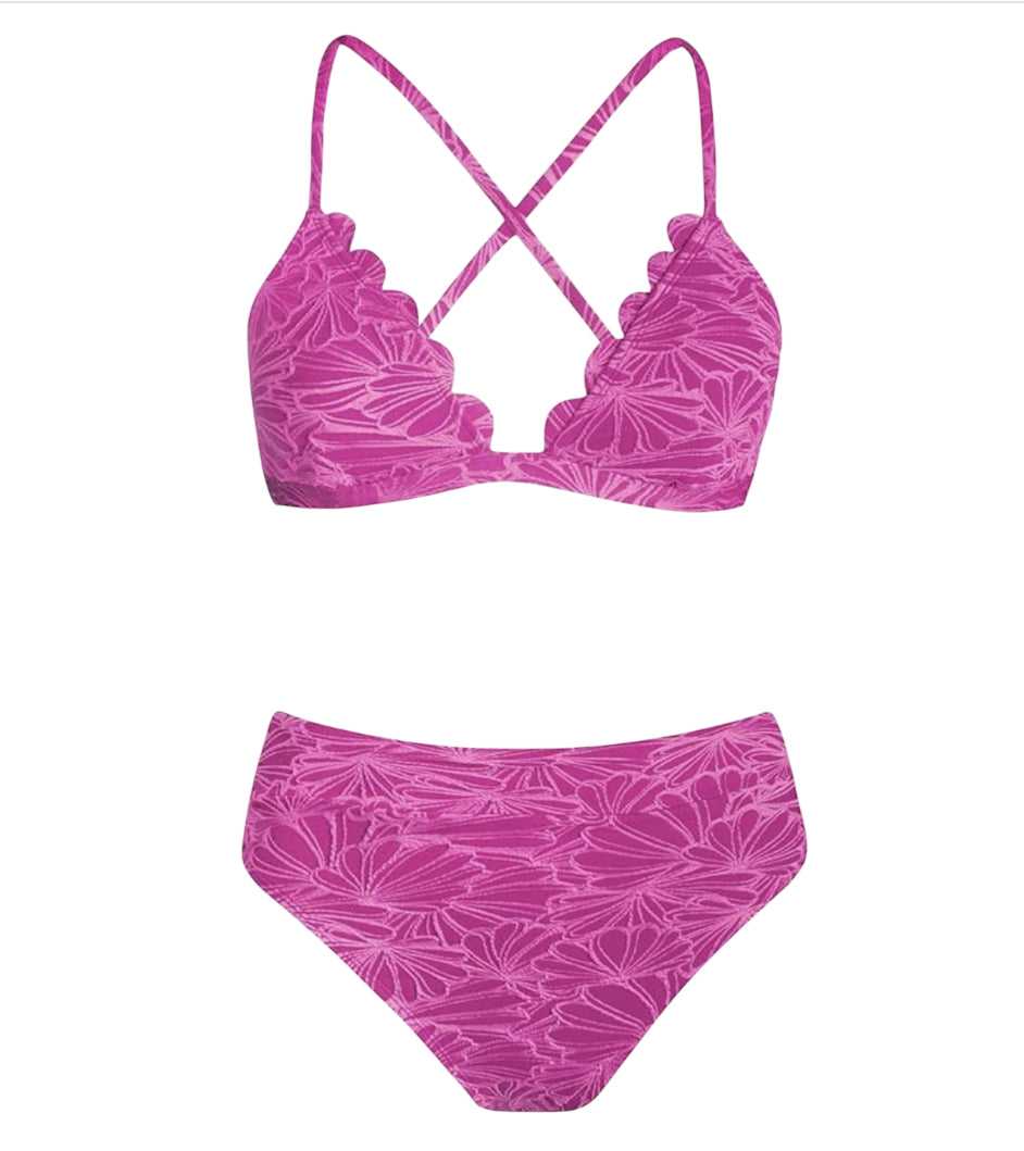 CUPSHE High Waisted Scalloped V Neck Two Piece Swimsuit (X-Large)