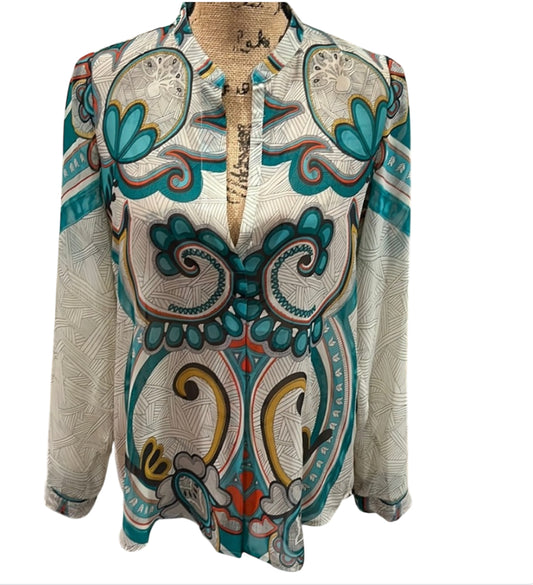 Konrad + Joseph Anthropologie Top Paisley Chiffon V-neck Pullover (Medium)