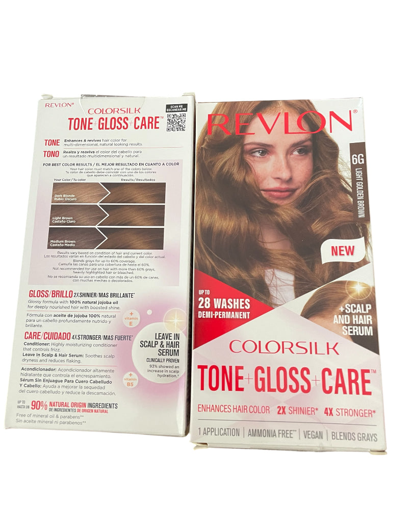 Revlon ColorSilk Tone + Gloss + Care Demi-Permanent Hair Color in 6G Light Golden Brown.