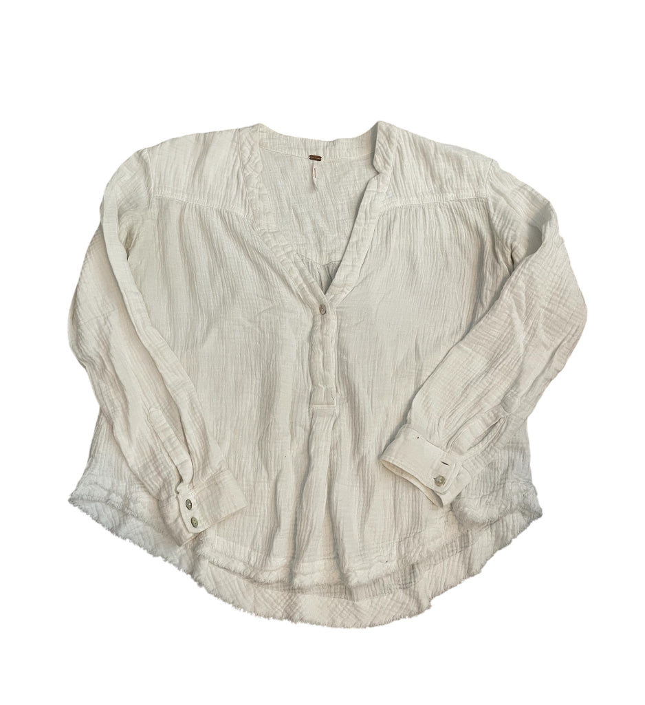 Free People White Long-Sleeve Cotton Gauze Henley Top (Small)
