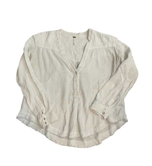 Free People White Long-Sleeve Cotton Gauze Henley Top (Small)