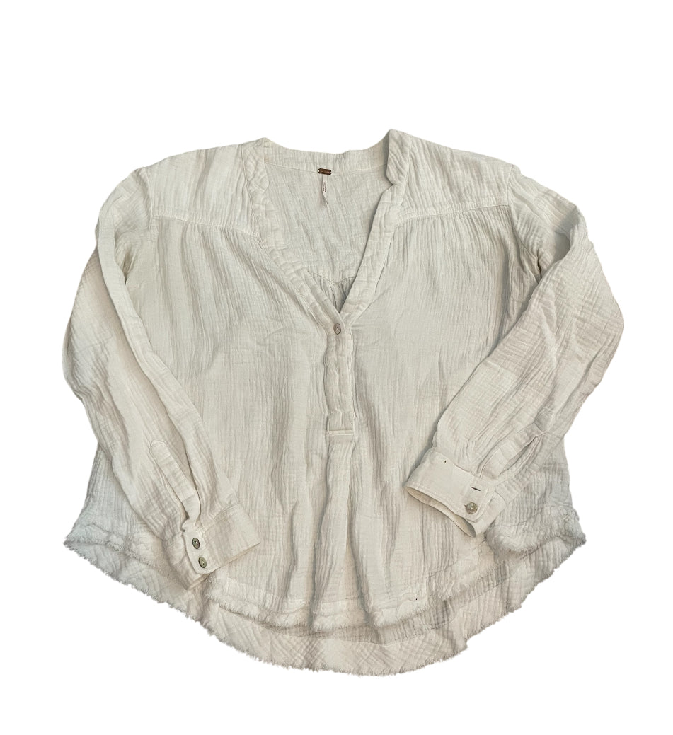 Free People White Long-Sleeve Cotton Gauze Henley Top (Small)