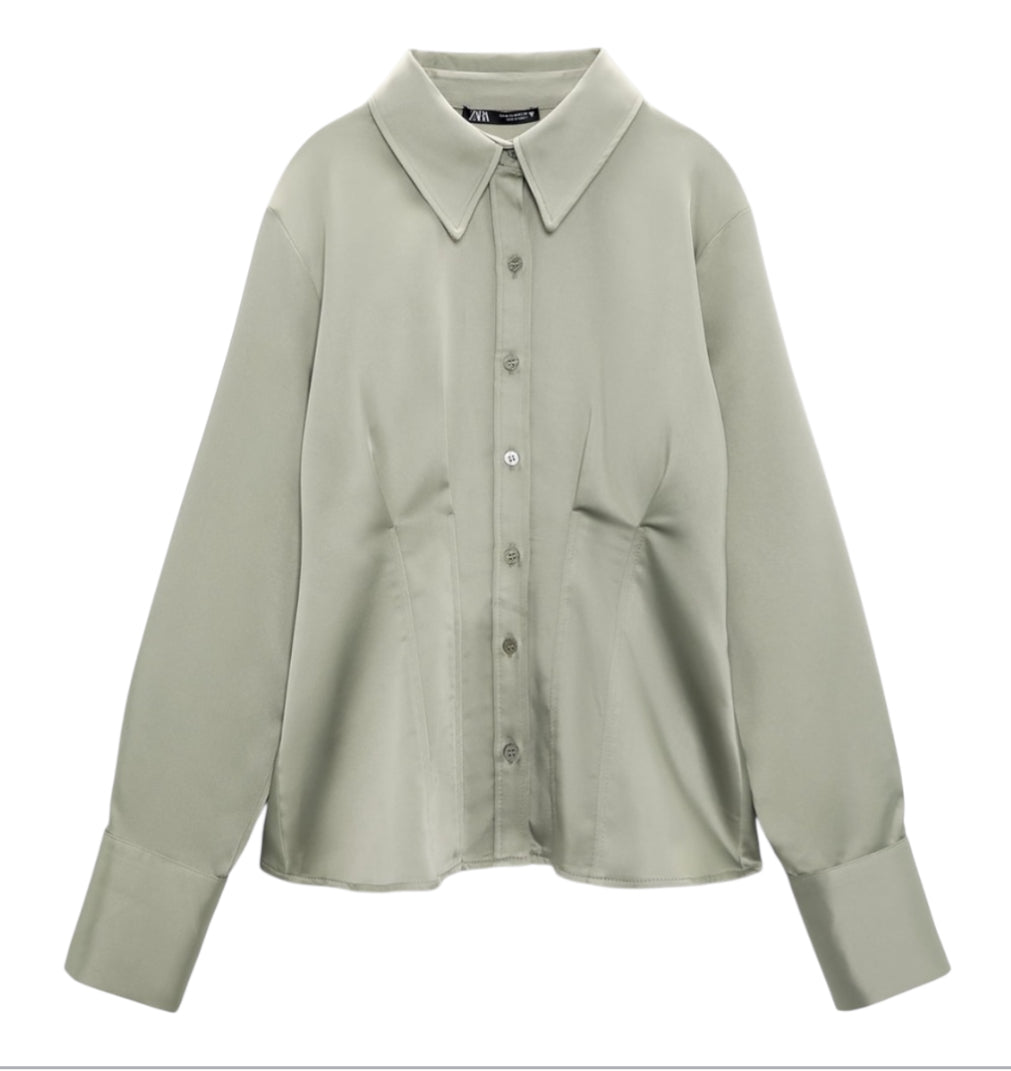 Zara Satin Effect Sage Green Button Down Shirt (X-Large)
