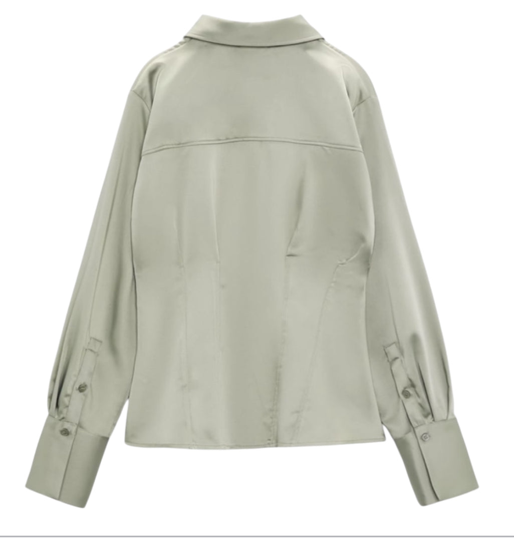 Zara Satin Effect Sage Green Button Down Shirt (X-Large)