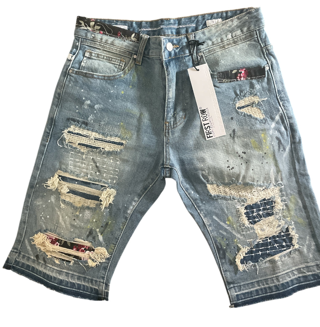 First Row Patch Work Denim Shorts