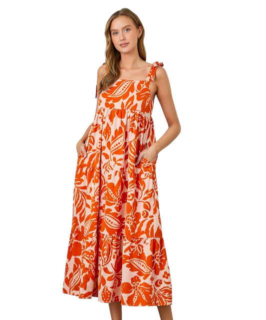 Polygram Orange Tropical Floral Shoulder Tie Tiered Midi Dress (2X)