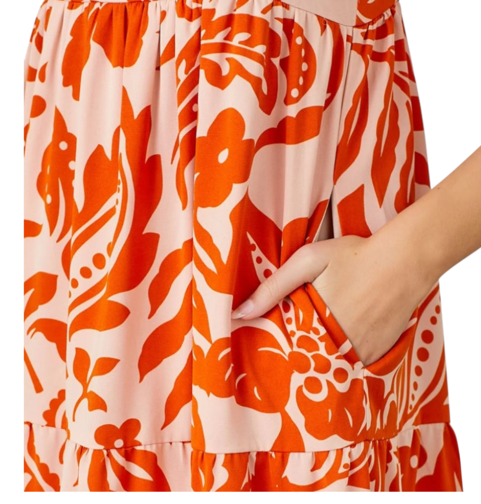 Polygram Orange Tropical Floral Shoulder Tie Tiered Midi Dress (2X)