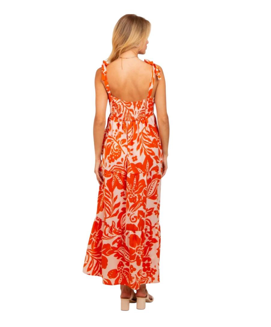 Polygram Orange Tropical Floral Shoulder Tie Tiered Midi Dress (2X)