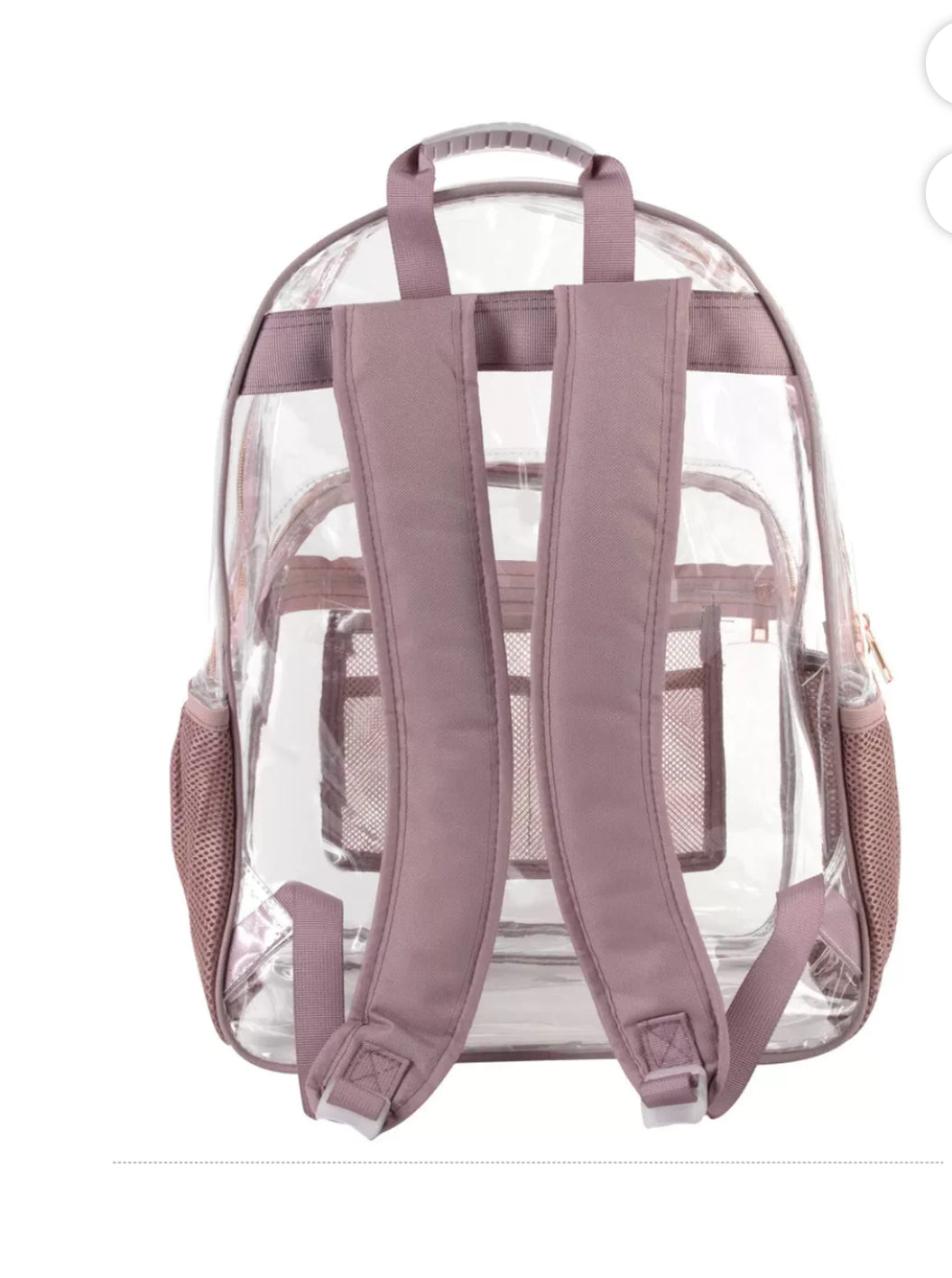 Summit Ridge Clear Backpack features rose-colored straps and trim.