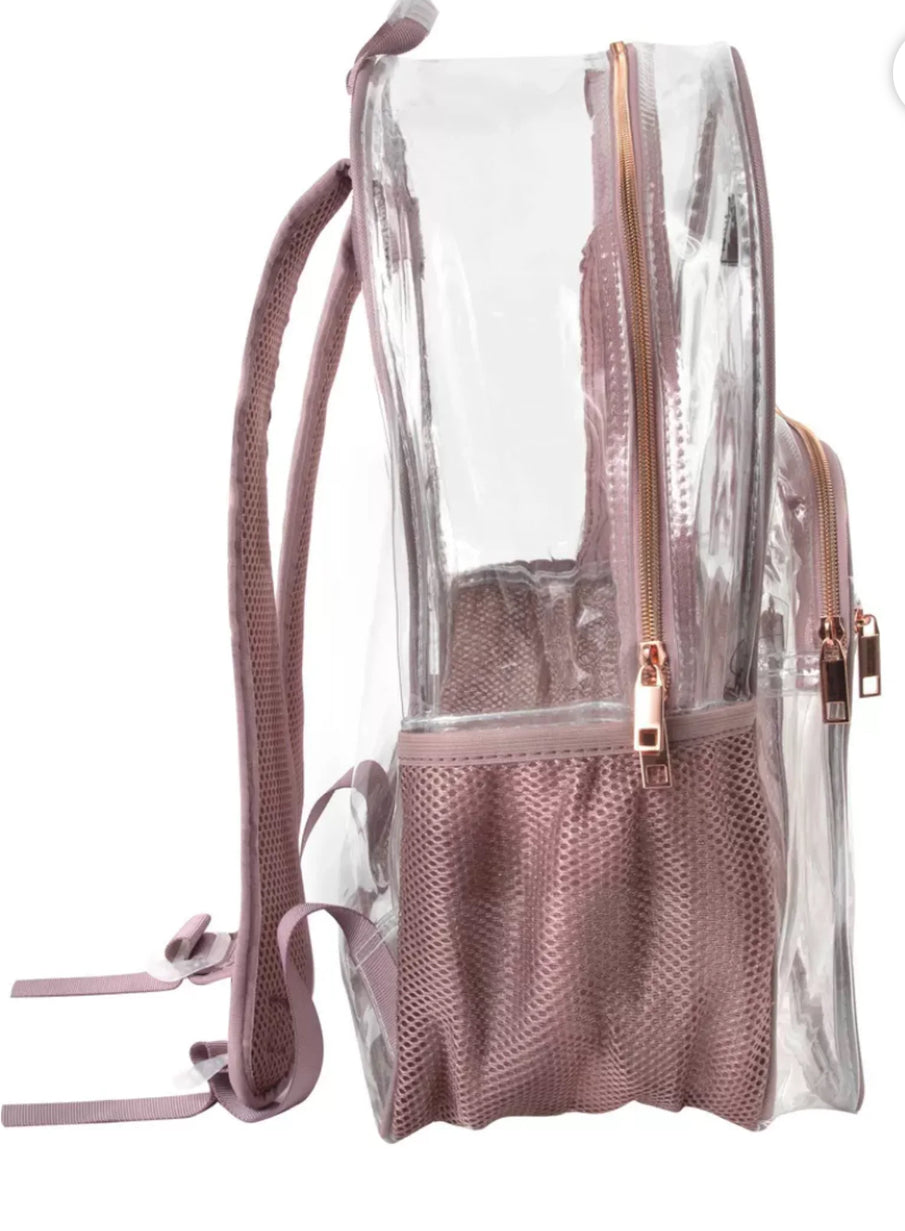 Summit Ridge Clear Backpack features rose-colored straps and trim.
