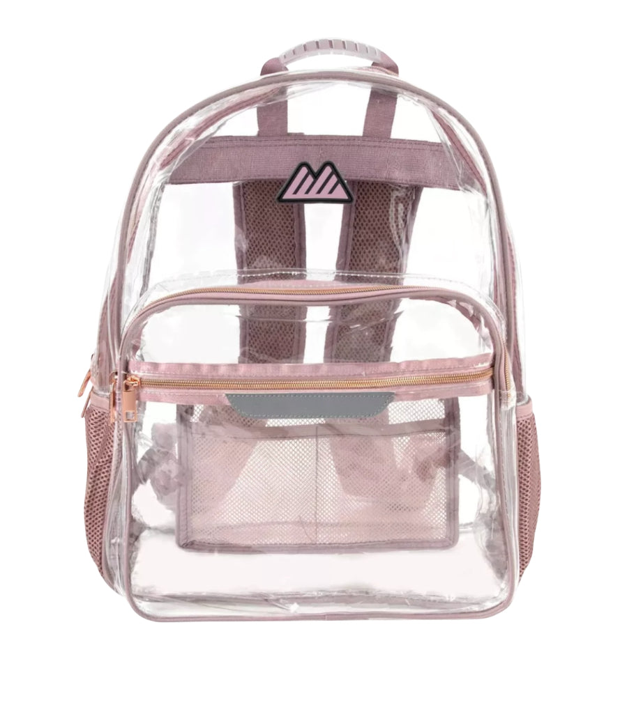 Summit Ridge Clear Backpack features rose-colored straps and trim.