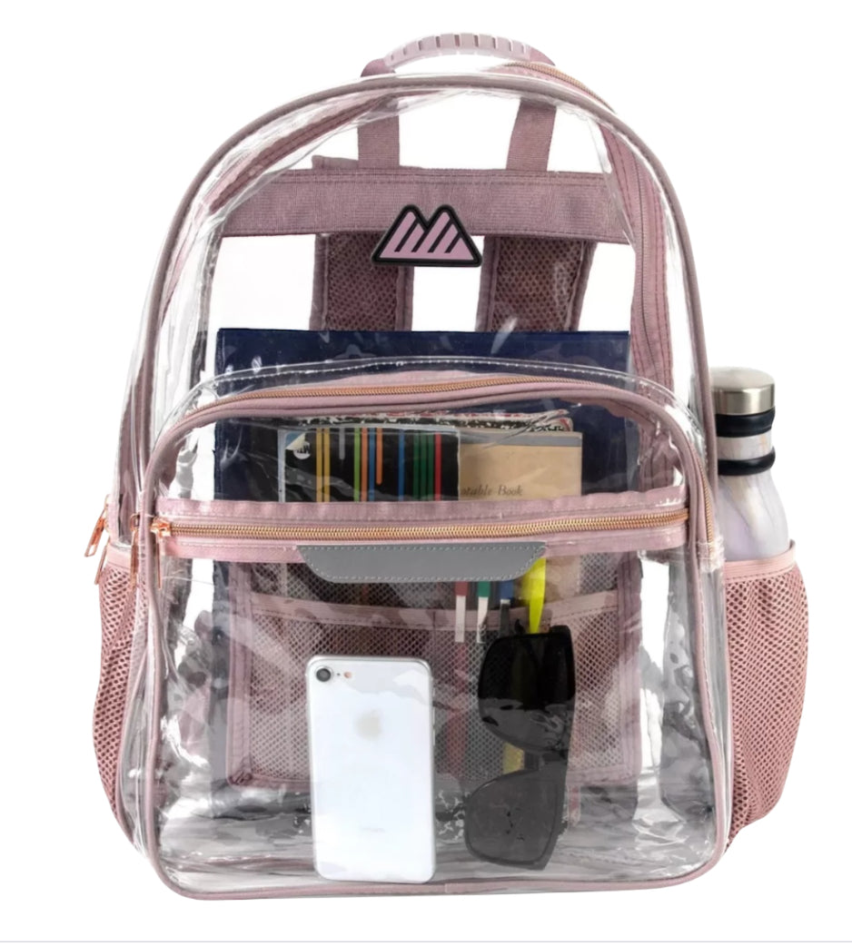 Summit Ridge Clear Backpack features rose-colored straps and trim.