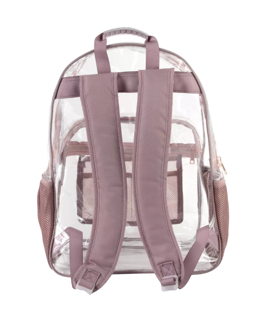 Summit Ridge Clear Backpack features rose-colored straps and trim.