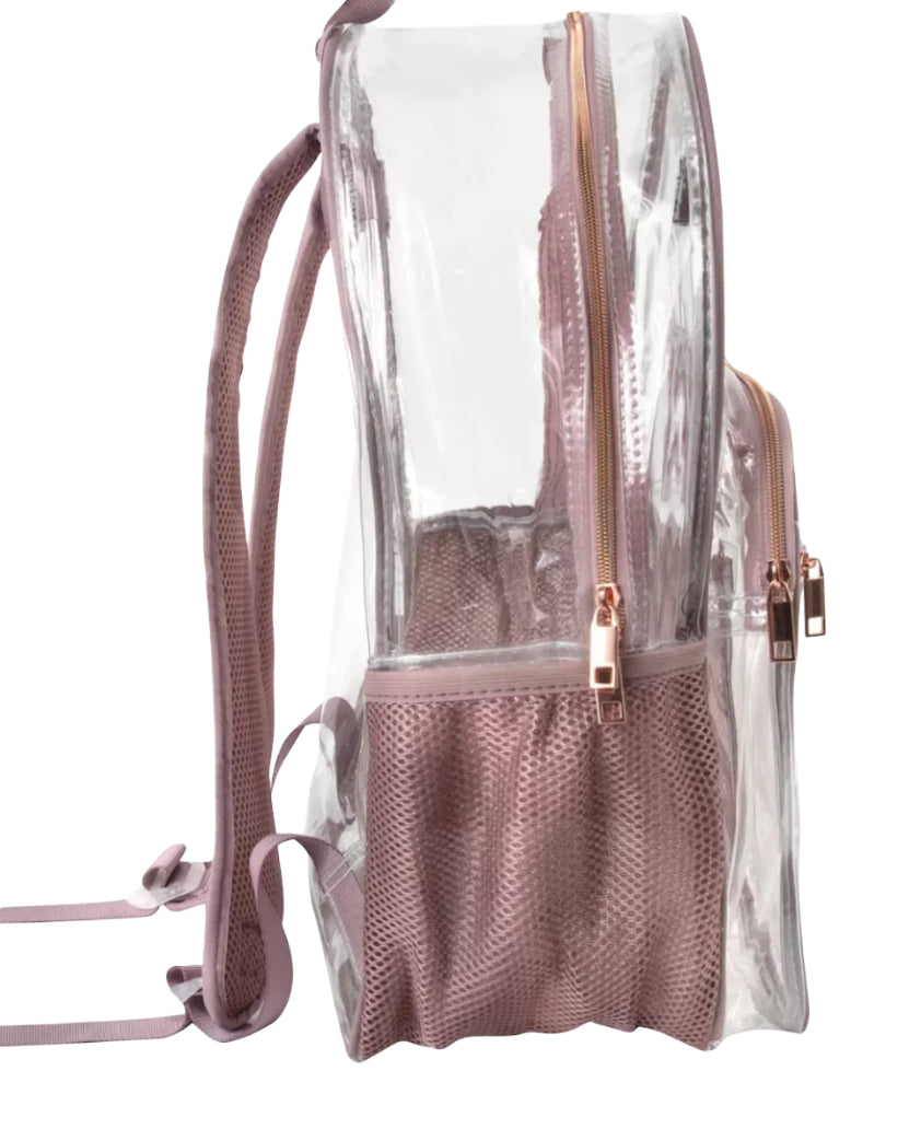 Summit Ridge Clear Backpack features rose-colored straps and trim.
