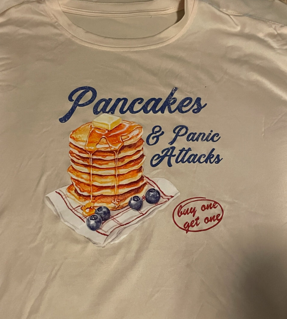 Pancakes & Panic Attacks Funny Retro Graphic Tee (X-Large)