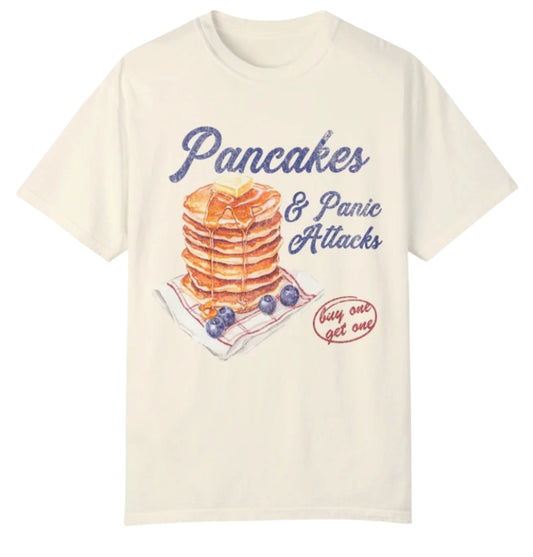Pancakes & Panic Attacks Funny Retro Graphic Tee (X-Large)