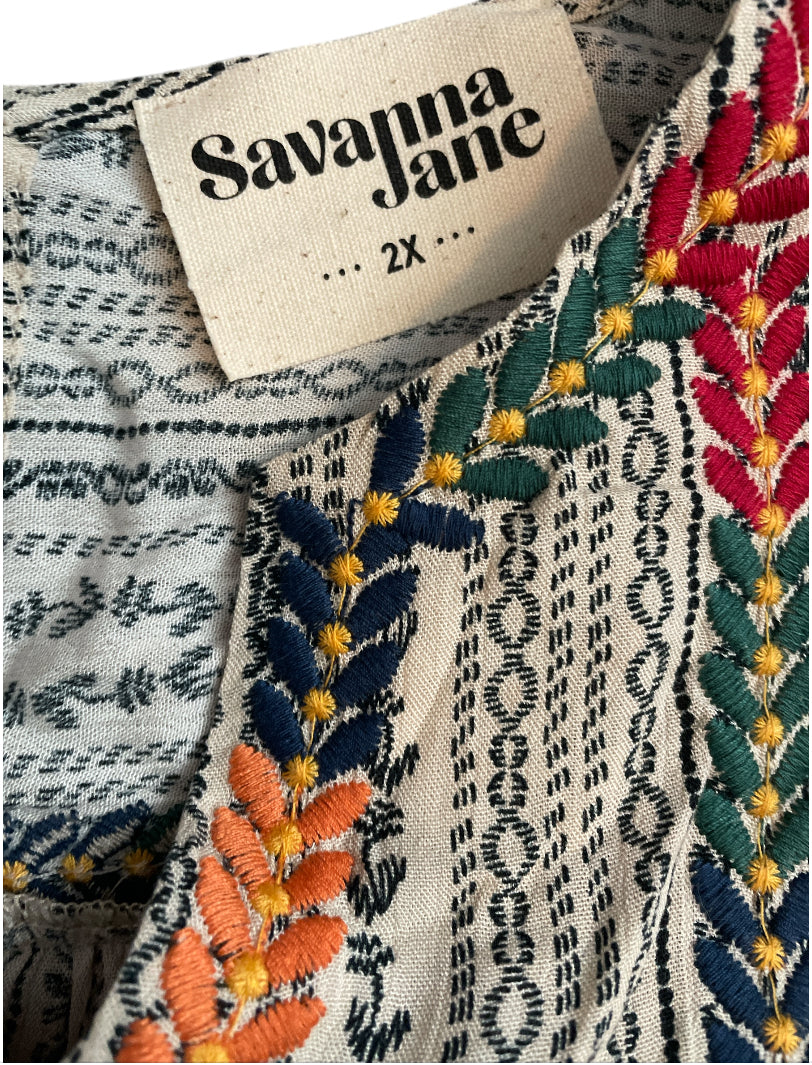 Savanna Jane Cream Tunic with Multicolor Embroidered V-Neck (2X)