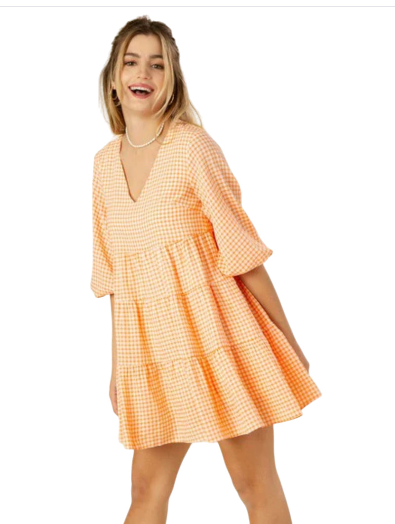 Lilou brand orange gingham tiered dress (Medium)