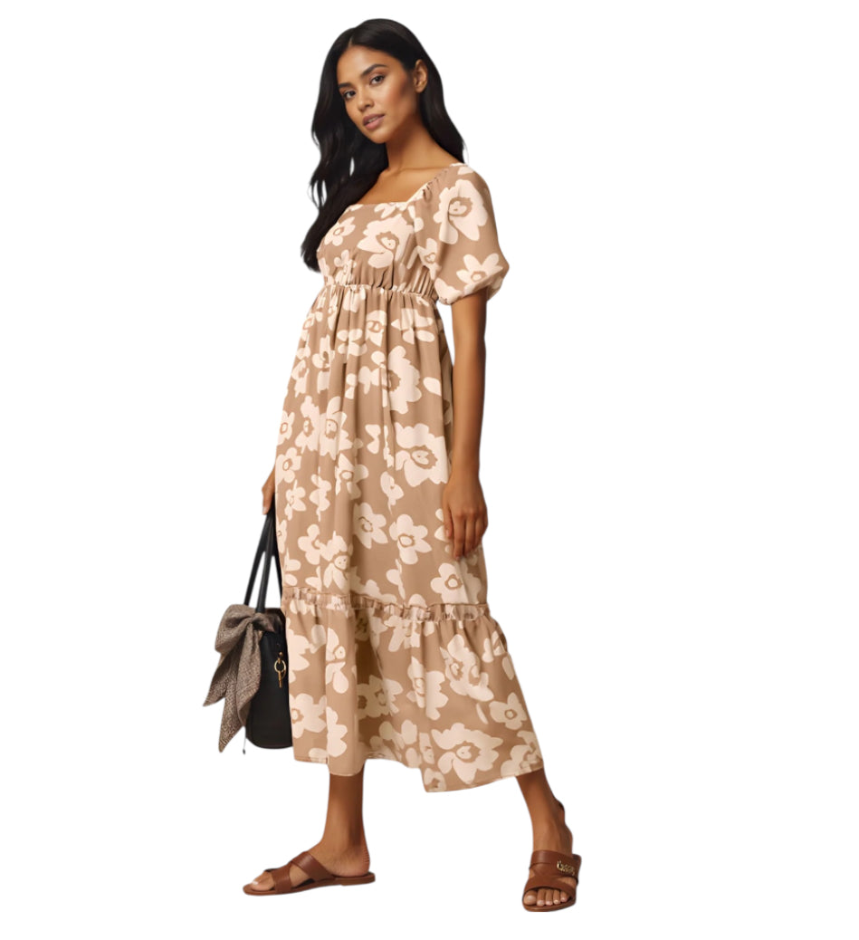 Polygram Floral Print Maxi Dress in Taupe (1x)