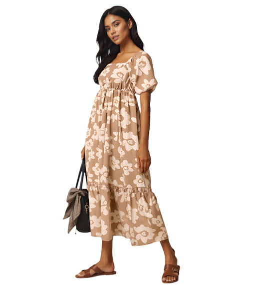 Polygram Floral Print Maxi Dress in Taupe (1x)