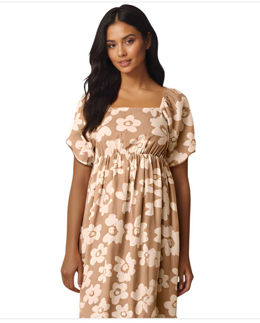 Polygram Floral Print Maxi Dress in Taupe (1x)