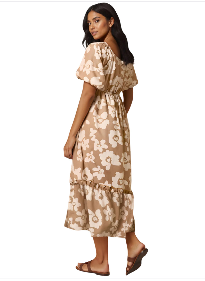 Polygram Floral Print Maxi Dress in Taupe (1x)