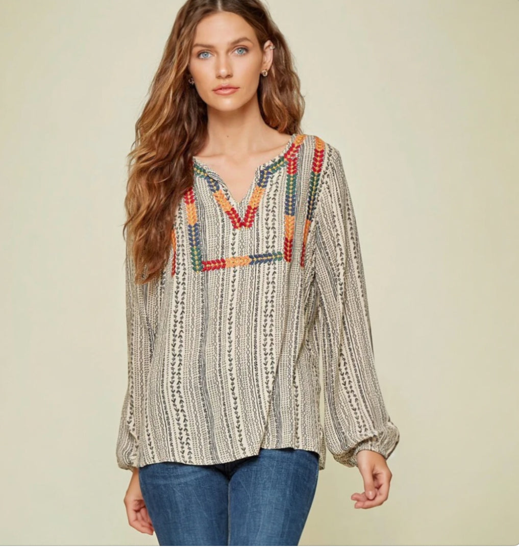 Savanna Jane Cream Tunic with Multicolor Embroidered V-Neck (2X)