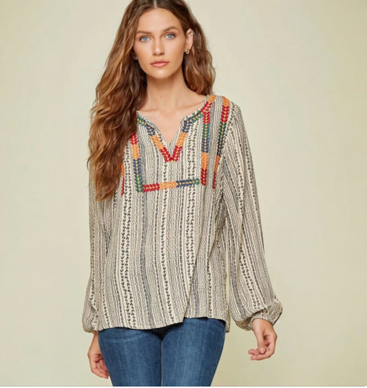 Savanna Jane Cream Tunic with Multicolor Embroidered V-Neck (2X)
