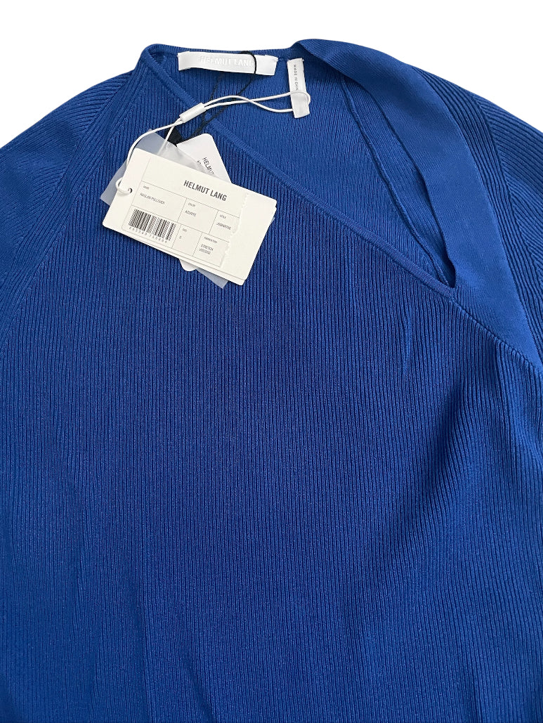 Helmut Lang Cobalt Blue Ribbed V-Neck Long Sleeve Top (Small)