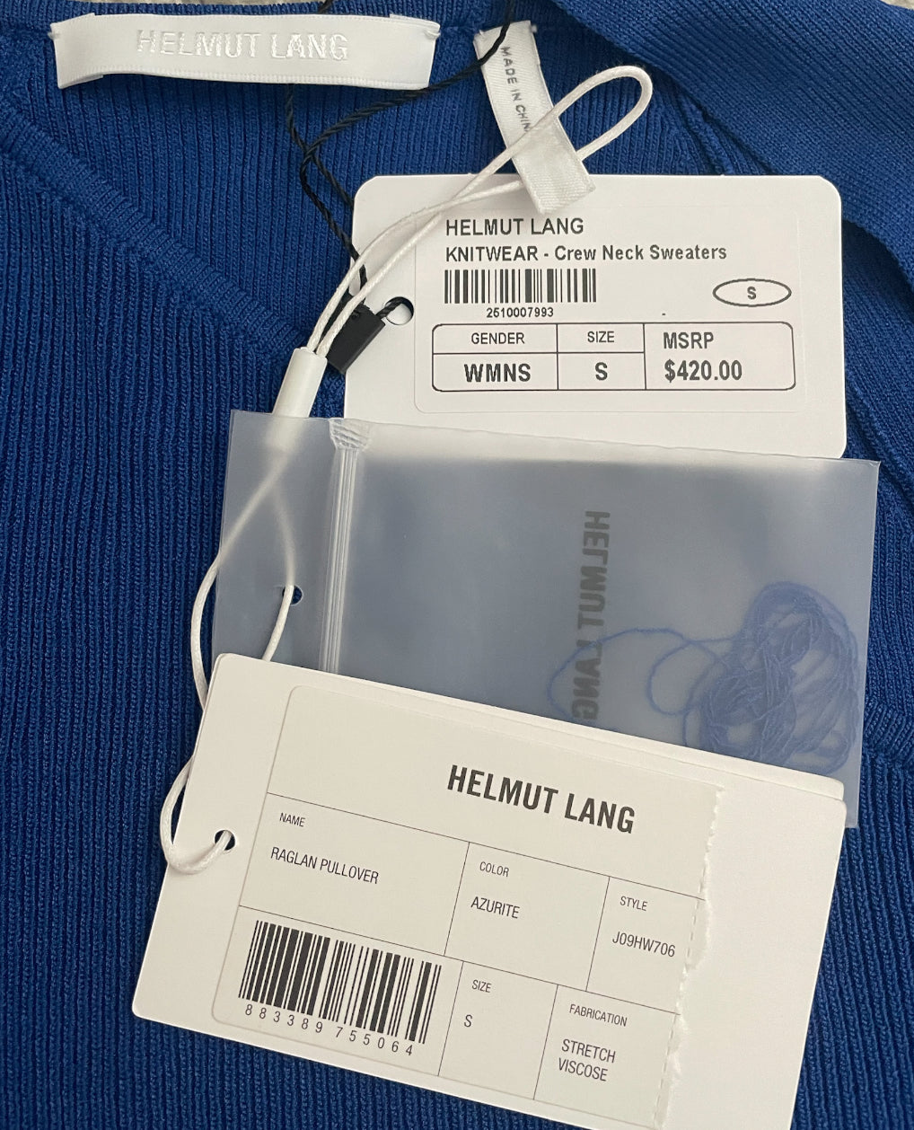 Helmut Lang Cobalt Blue Ribbed V-Neck Long Sleeve Top (Small)