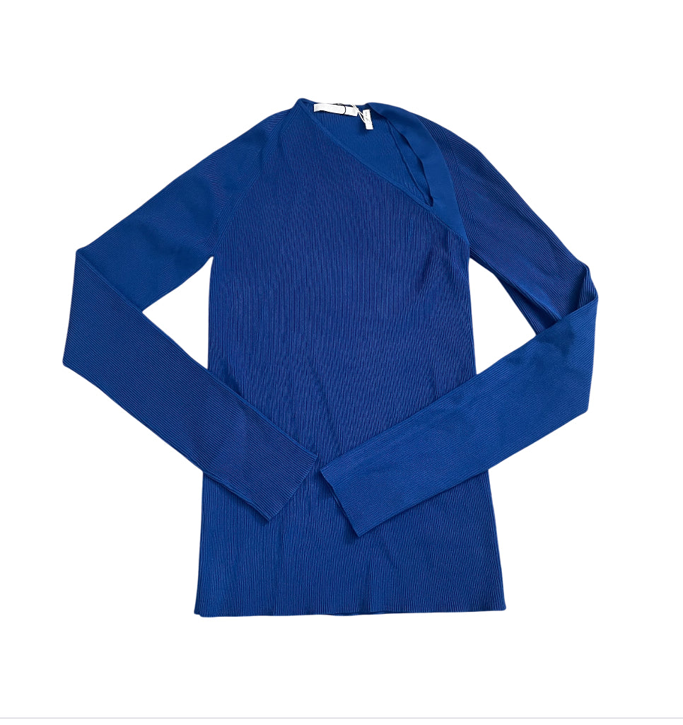 Helmut Lang Cobalt Blue Ribbed V-Neck Long Sleeve Top (Small)