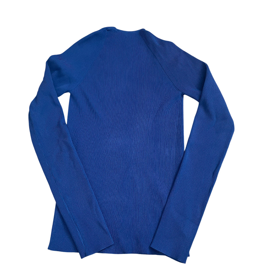 Helmut Lang Cobalt Blue Ribbed V-Neck Long Sleeve Top (Small)
