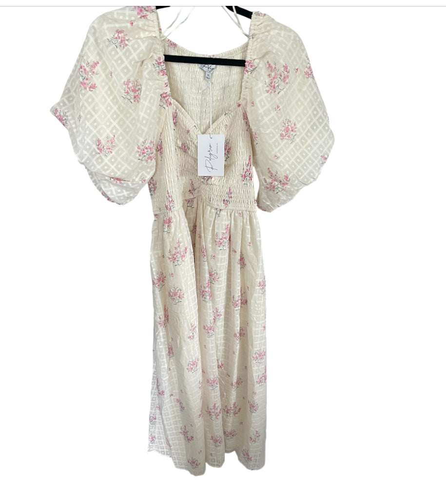 Polagram Pink Floral Textured Dot Smocked Sweetheart Neck Midi Dress (XLarge)